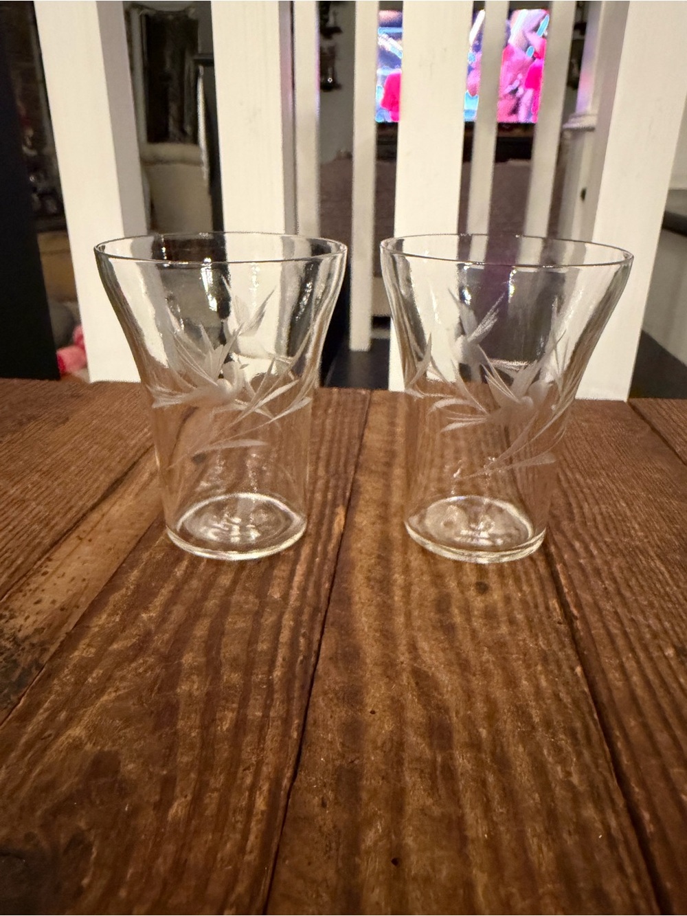 Pair of Vintage MCM Etched Clear Glass Tumblers